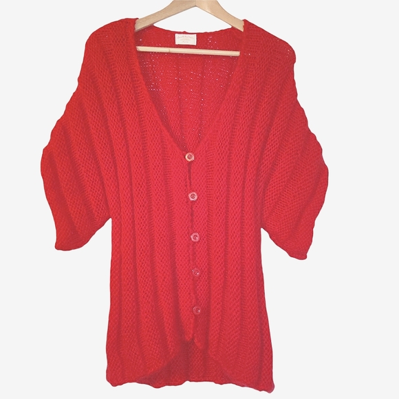 Handmade Sweaters - Vintage Handmade Button Down Loose Knit Oversized Short Sleeve Sweater Cardigan